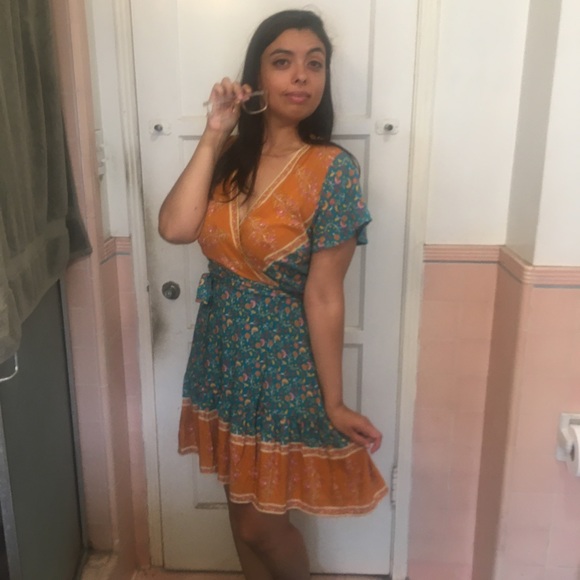 Boho Teal & Orange Wrap Dress - Picture 7 of 17